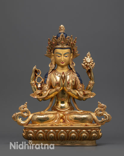 Front view Four-Armed Chenrezig statue with gold-gilded face and lotus seat
