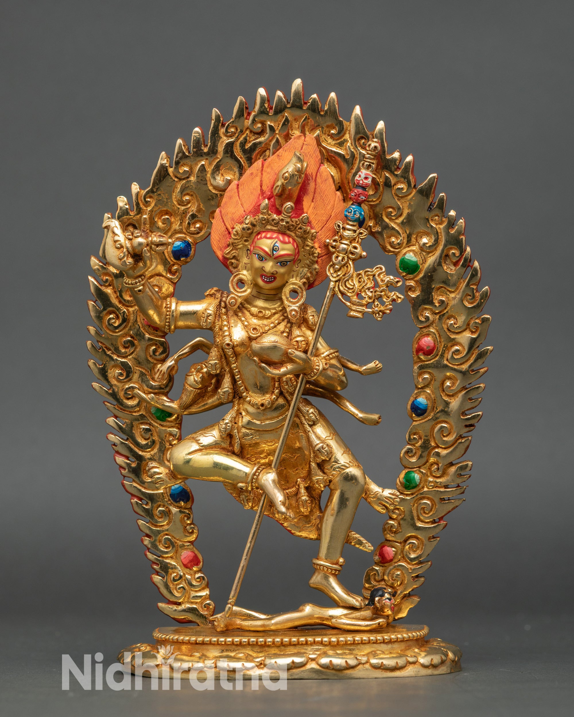 Front view: Front view Troma Nagmo statue, gold-gilded copper, piercing third eye, Newari art