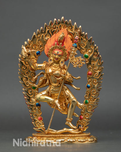 Front view: Front view Troma Nagmo statue, gold-gilded copper, piercing third eye, Newari art
