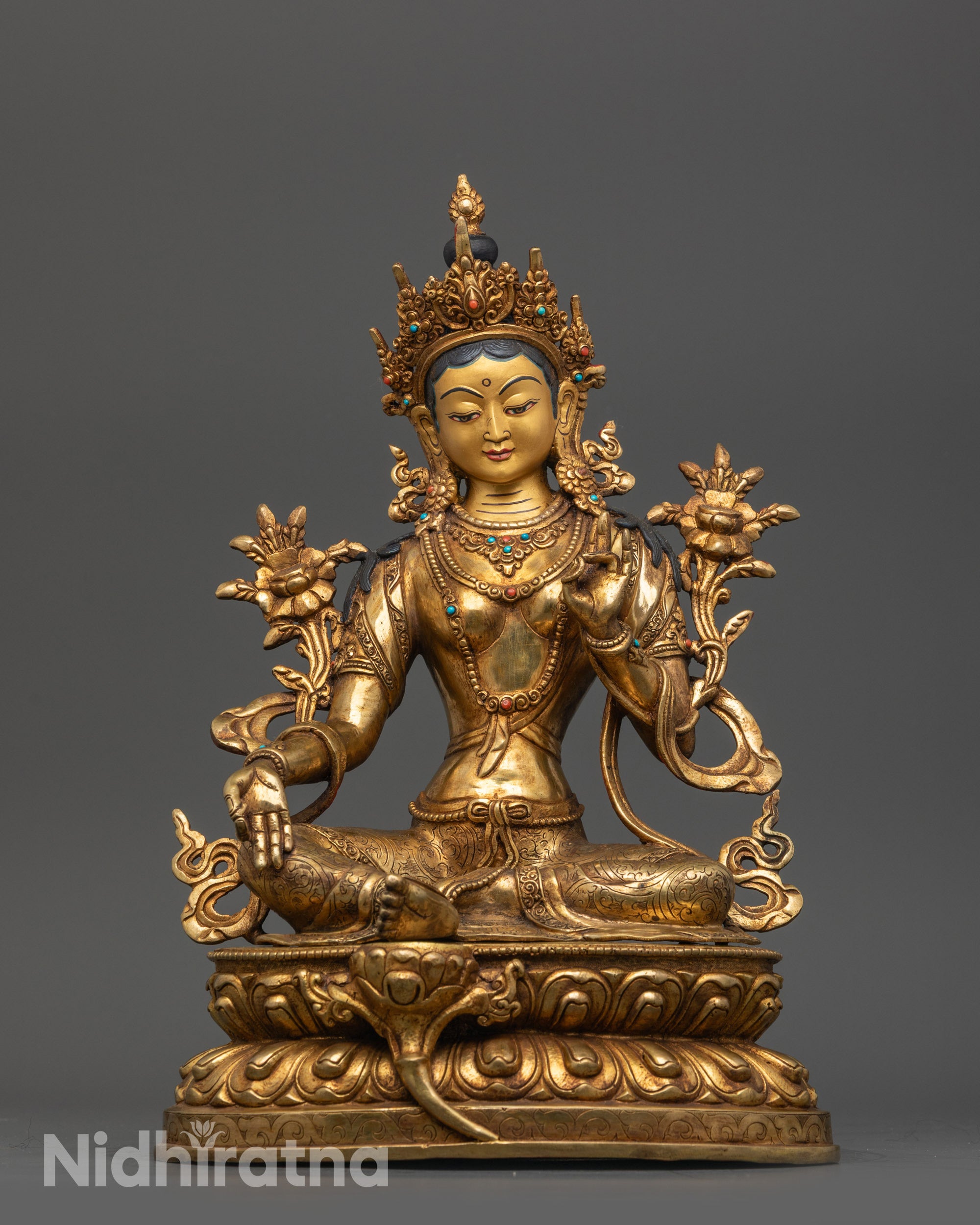 Front view Goddess Green Tara Statue gold fire-gilded body on double lotus seat
