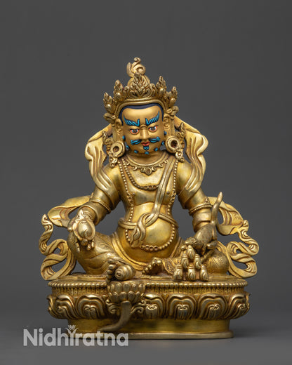 Front view Gold-Gilded Dzambhala Statue with lotus seat and gem-spouting mongoose
