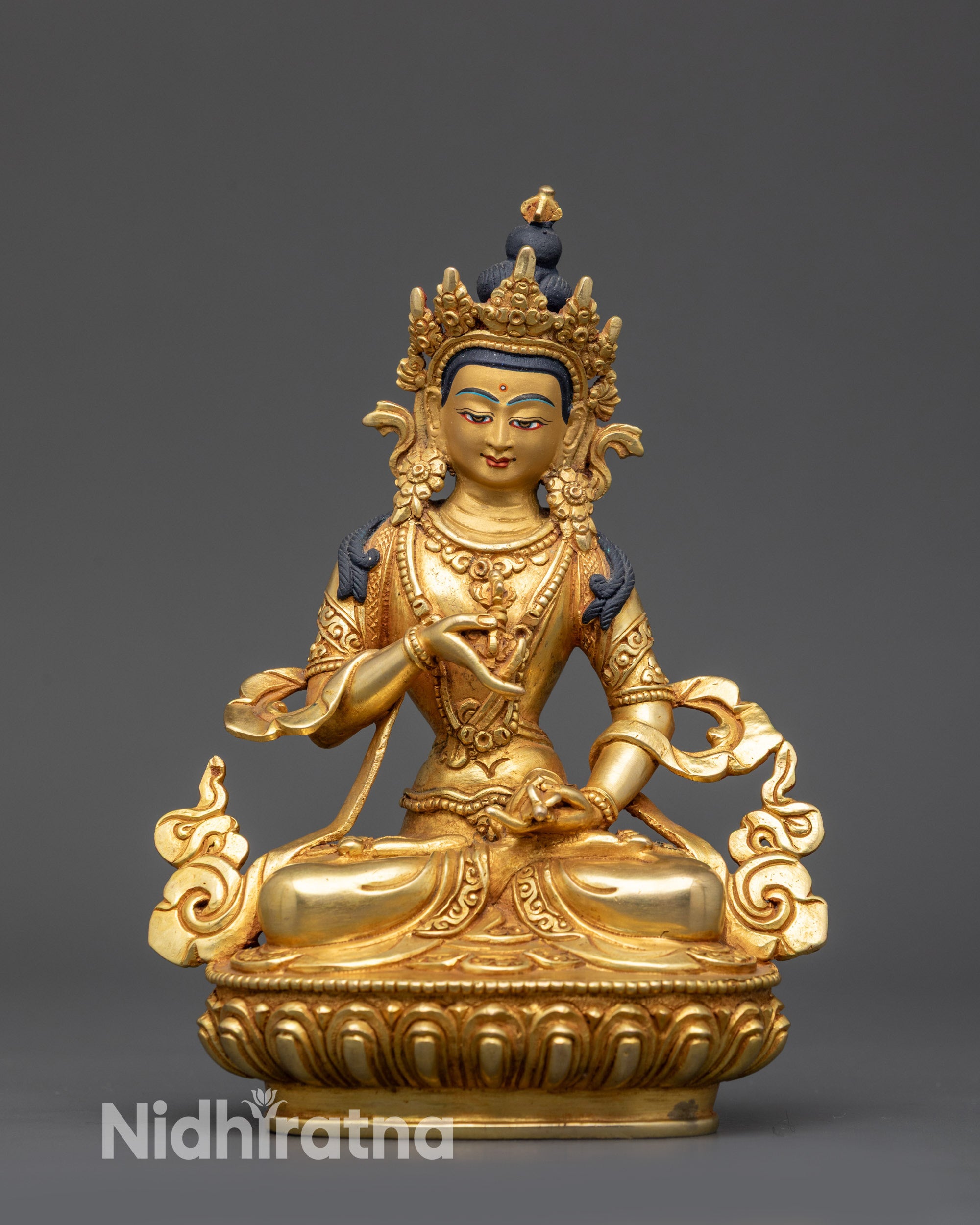 Front view Gold-Gilded Vajrasattva Statue on copper alloy, traditional Dorje Sempa figurine
