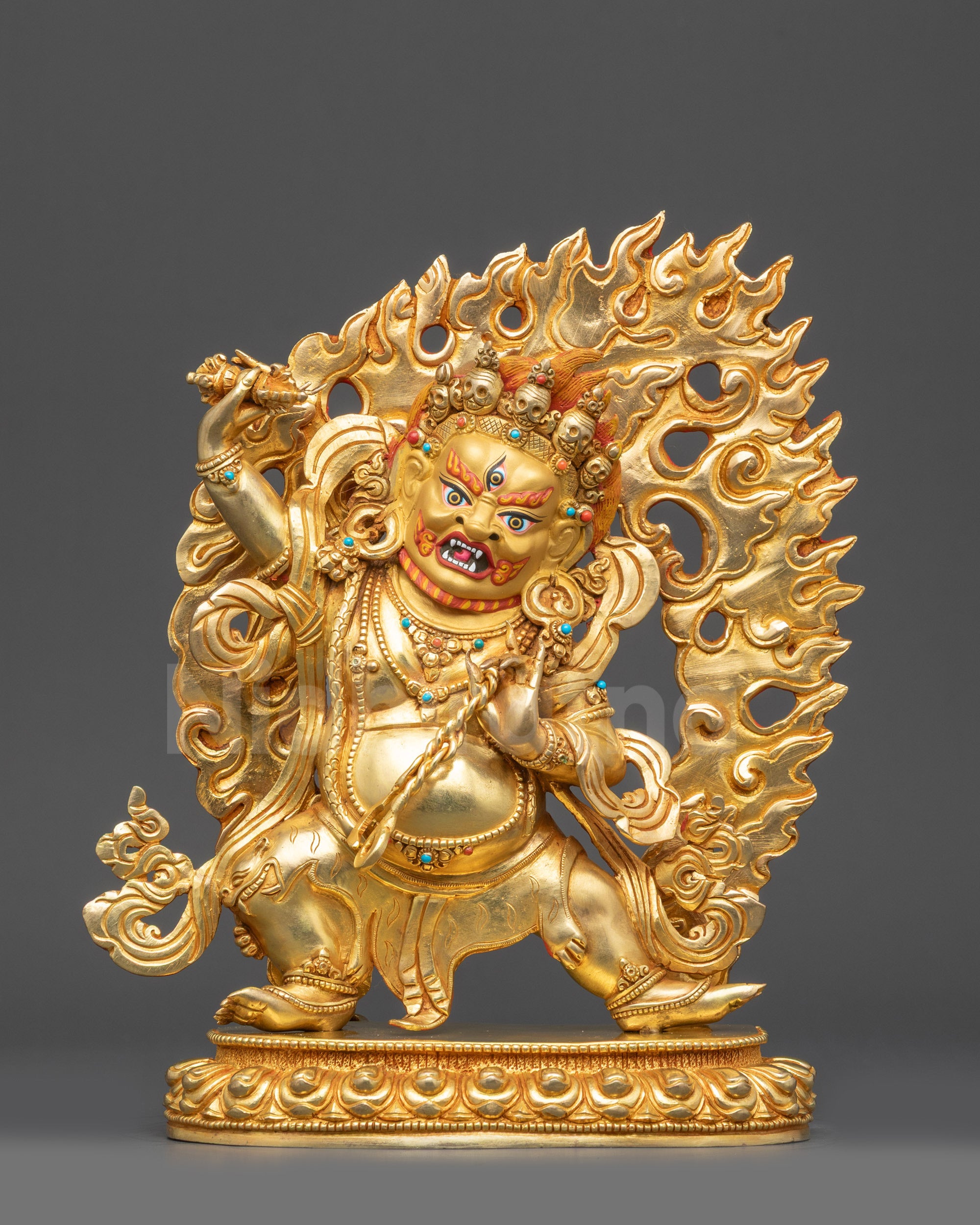Front view Gold Fire-Gilded Vajrapani Statue dancing posture lotus base Himalayan art
