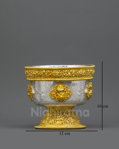 Front view Gold & Silver-Plated Water Offering Bowl, Tibetan ritual vessel