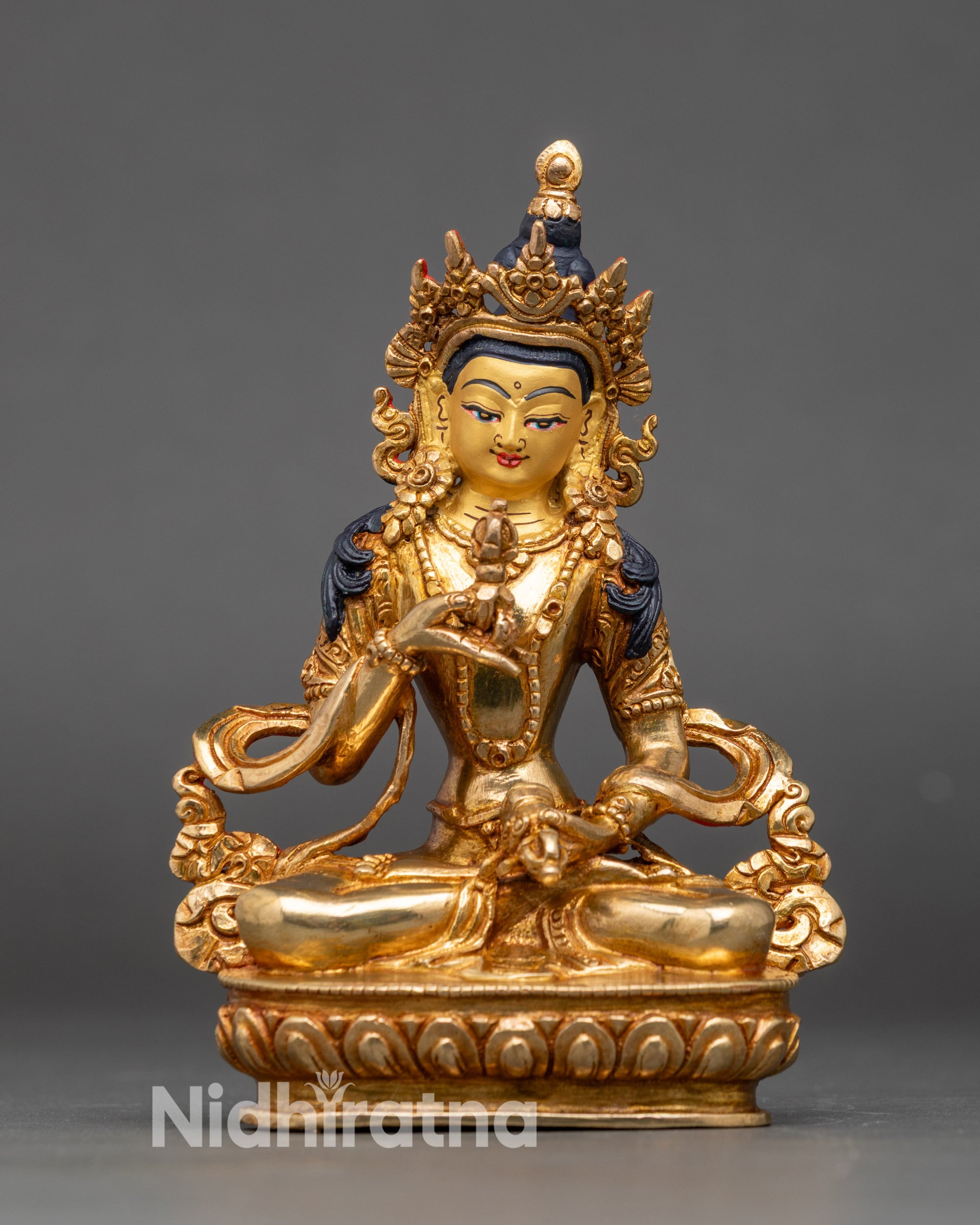 Front view Gold Vajrasattva Buddha statue Nepalese copper gilded sculpture