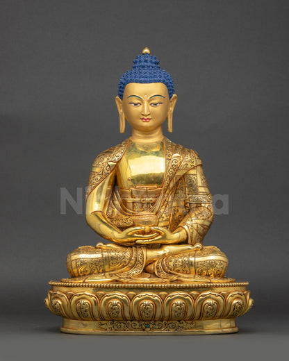 Front view Gold fire gilded Amitabha Buddha statue seated in lotus posture on ornate lotus seat