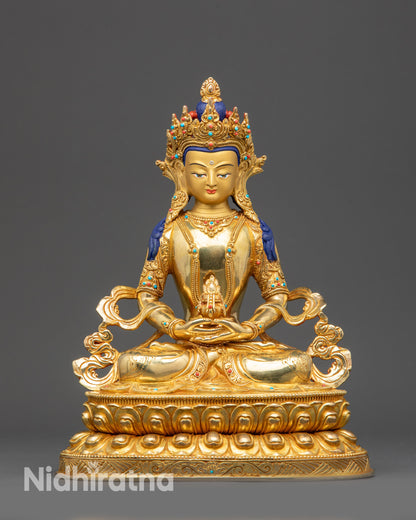 Front view Golden Amitayus Buddha statue on gold fire-gilded base with lotus pedestal
