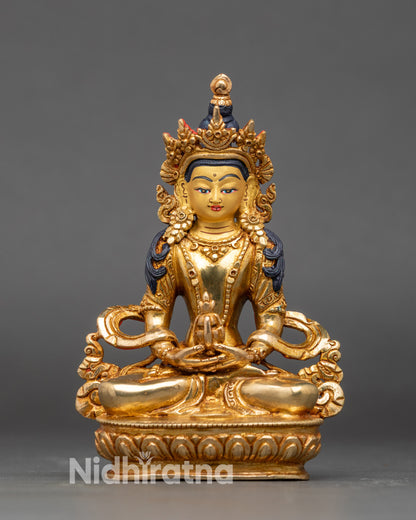 Front view Golden Bodhisattva Amitayus statue lotus pedestal 24K gold Nepalese art
