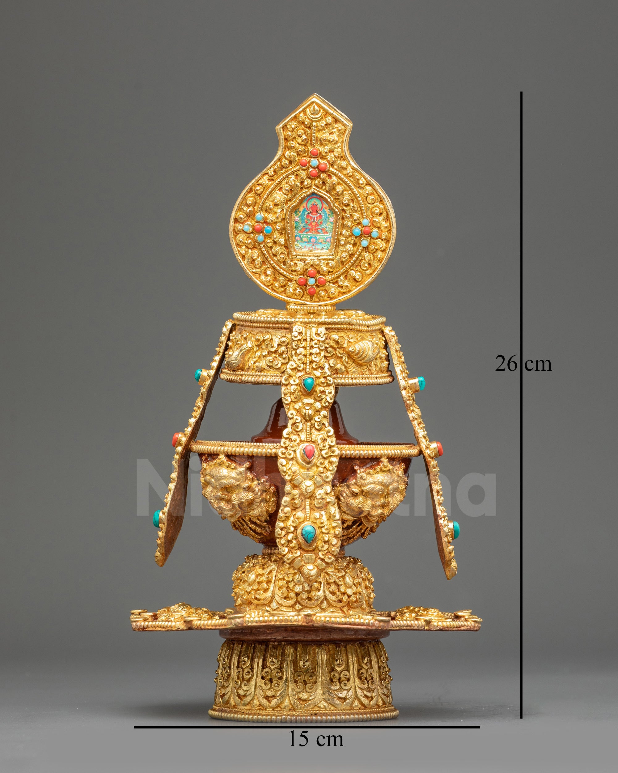 Front view Golden Che Bhumba Vase Tibetan Kalasha with gold-plated filigree base