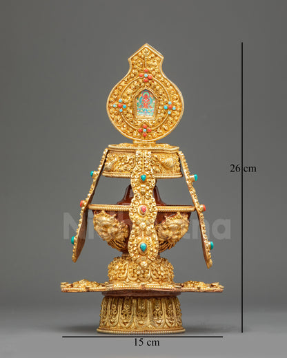 Front view Golden Che Bhumba Vase Tibetan Kalasha with gold-plated filigree base