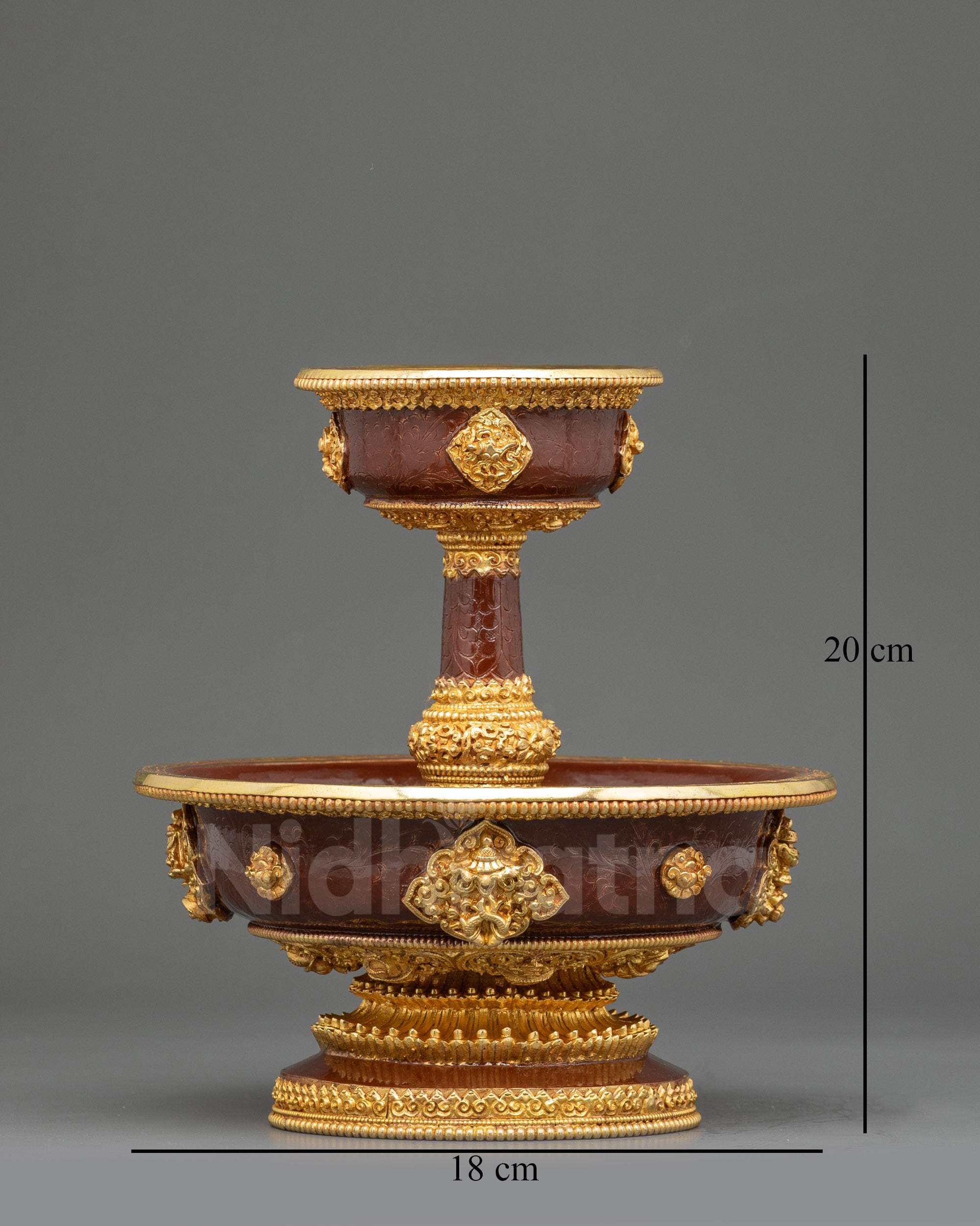 Front view Golden Serkyem Offering Himalayan ritual bowl for tea and ceremonial drinks
