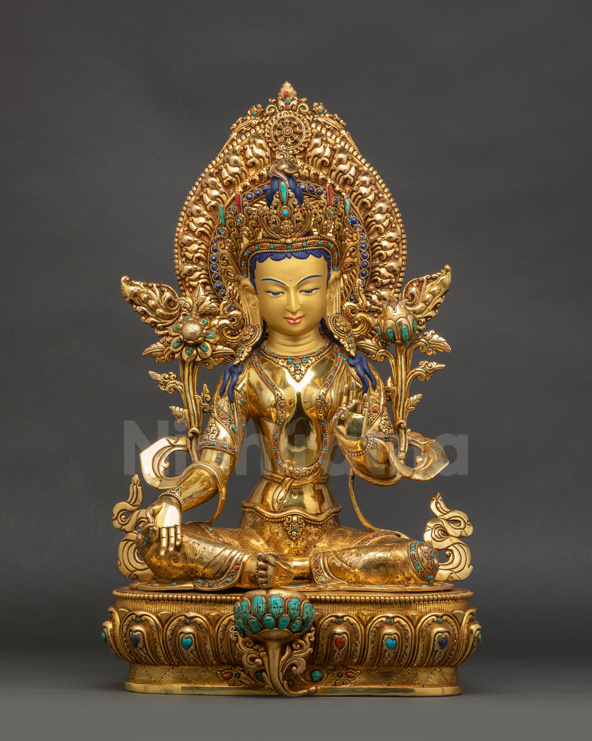 Front view Green Tara Bodhisattva statue on lotus seat gold-gilded face copper sculpture