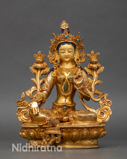 Front view Green Tara Statue – hand-painted gold copper with turquoise and coral stones