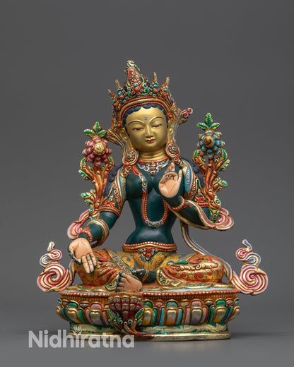 Front view Green Tara Statue with gold-gilded face on lotus seat for meditation
