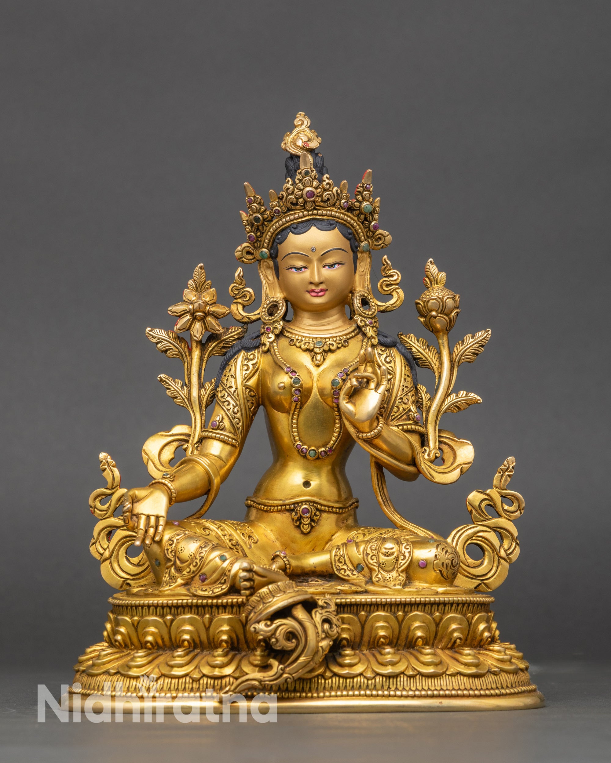 Front view Green Tara statue 24K gold gilded copper with lotus and mudra