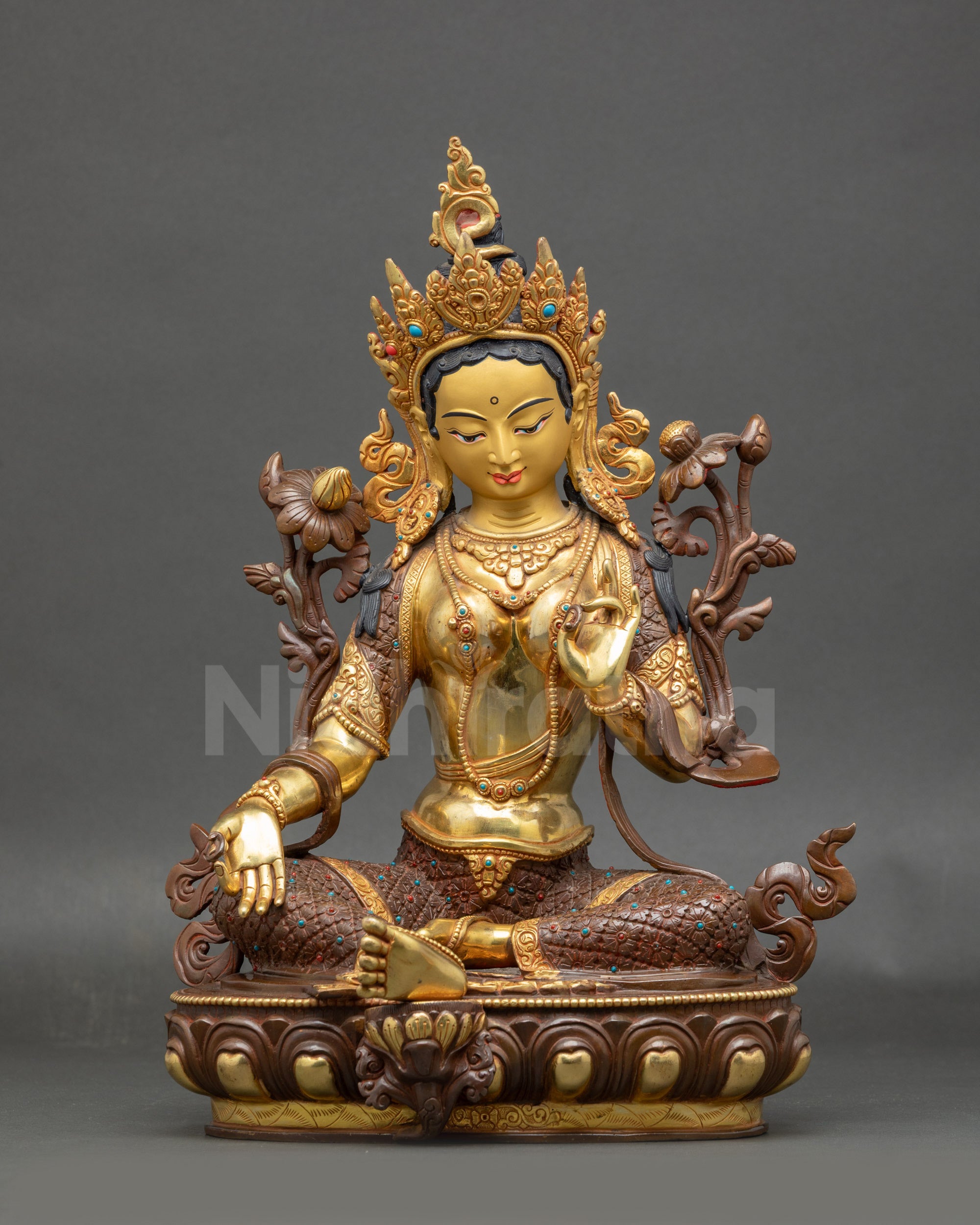 Front view Green Tara statue | Handcrafted Nepalese copper deity with gold gilding