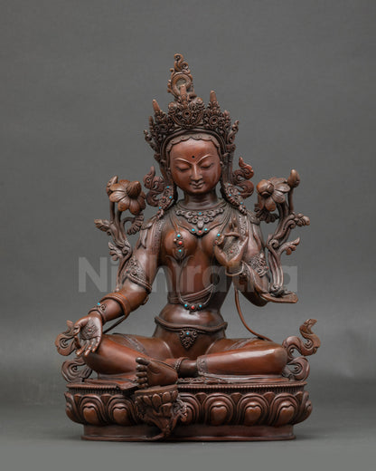 Front view Green Tara statue | Handcrafted Nepalese copper deity with semi-precious stones
