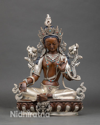 Front view Green Tara statue, copper with oxidized and silver-plated finish