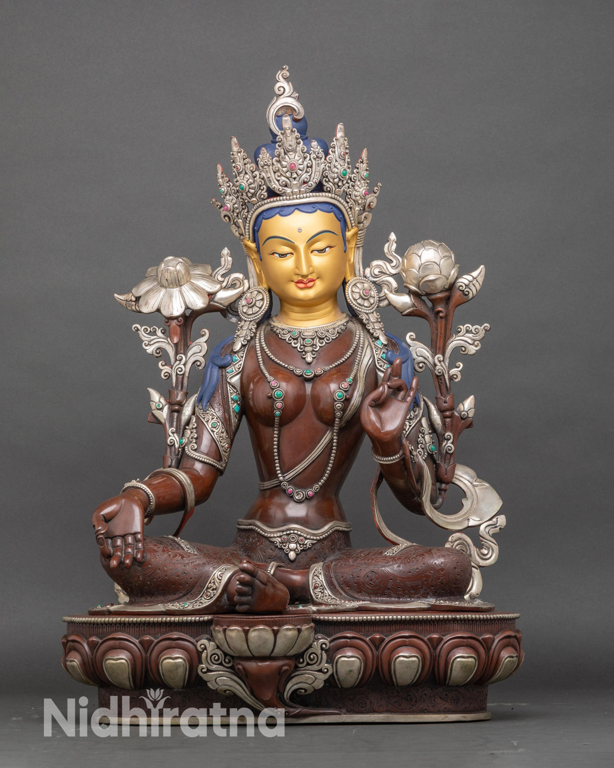 Front view Green Tara statue copper with oxidized silver plating and semi-precious stones