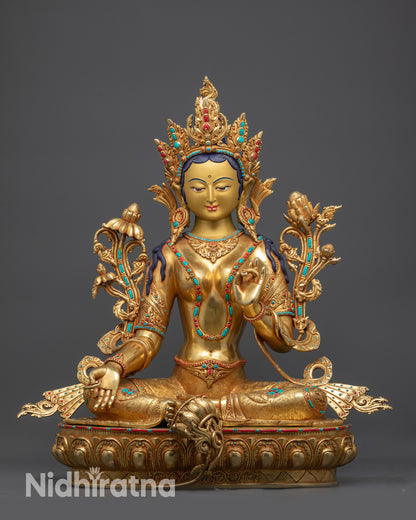 Front view Green Tara statue gold-gilded handcrafted Nepalese lotus seat