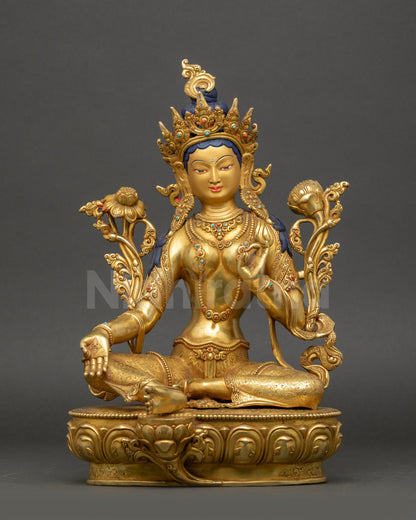 Front view Green Tara statue gold-gilded with semi-precious stones, Himalayan Buddhist sculpture