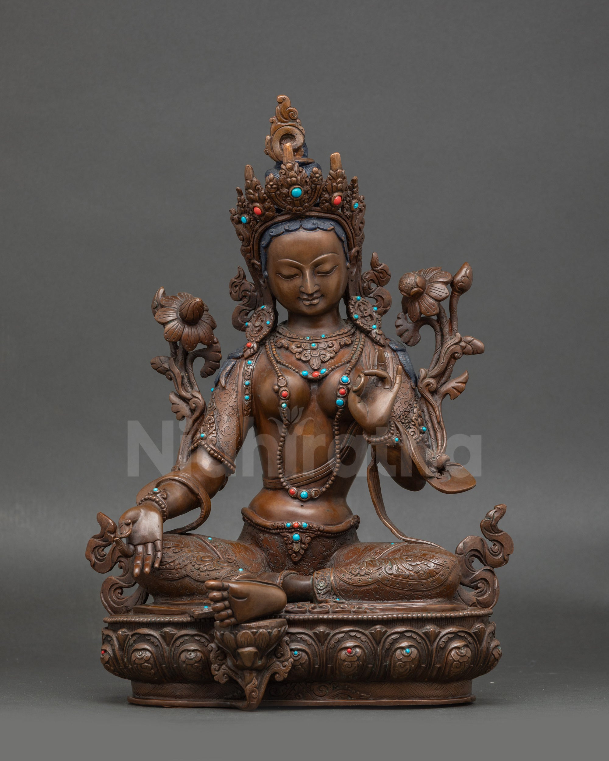 Front view Green Tara statue handmade Nepalese copper for meditation & spiritual decor