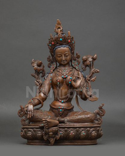 Front view Green Tara statue handmade Nepalese copper for meditation & spiritual decor