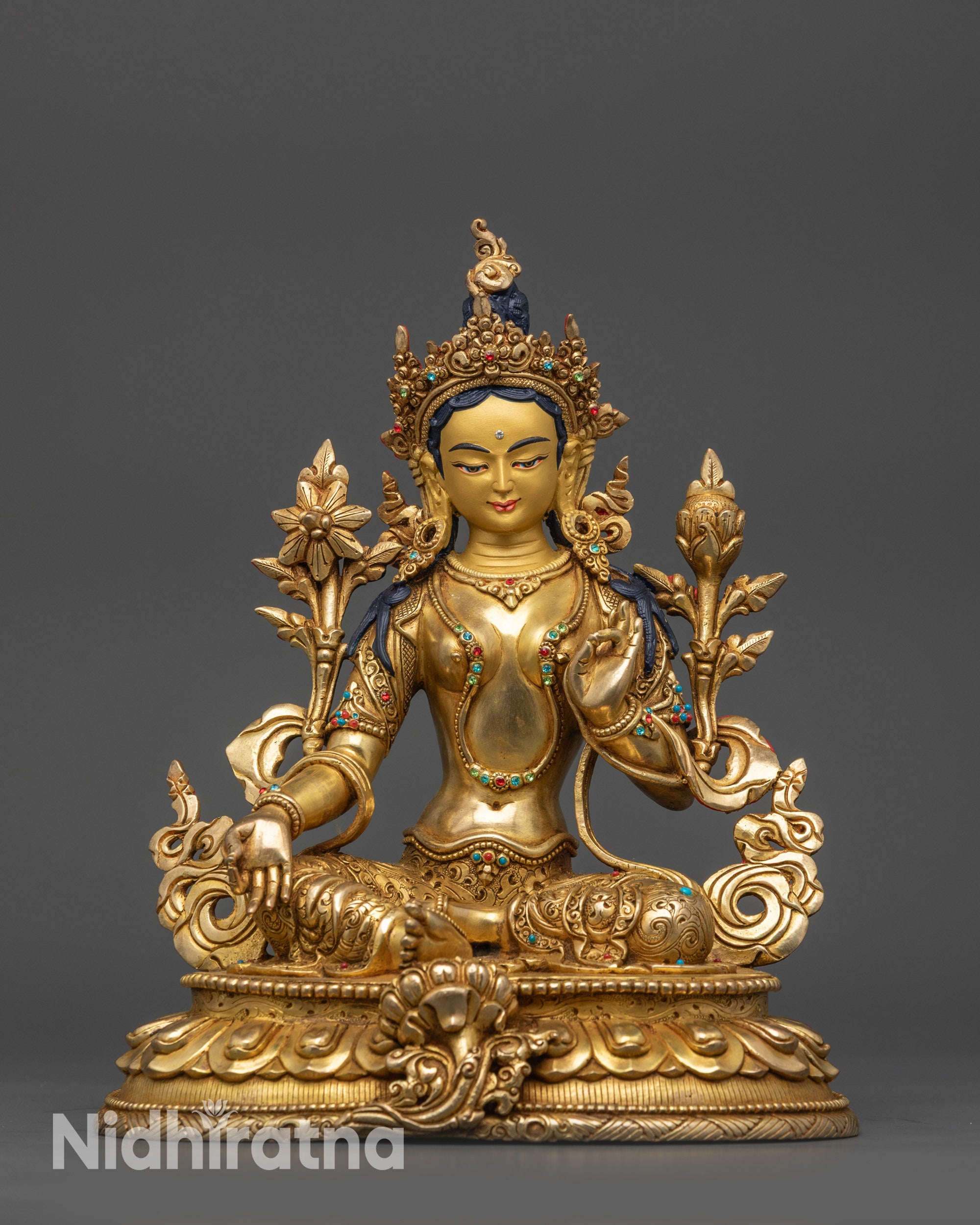 Front view Green Tara statue on lotus seat with Five-Jeweled Crown
