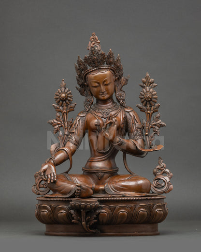 Front view Green Tara statue premium copper with full oxidized finish, handmade in Nepal