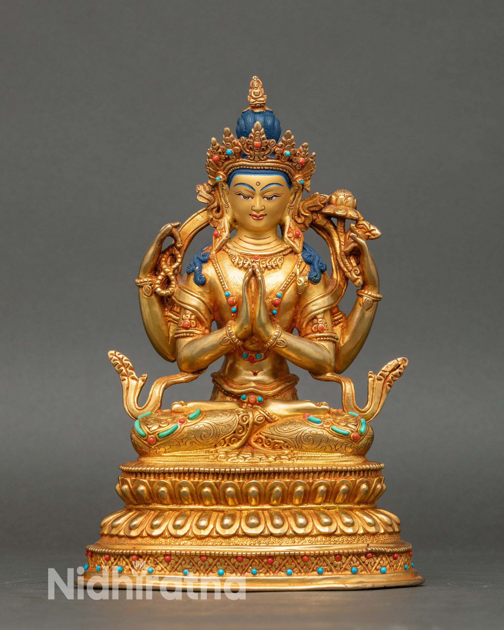 Front view Green Tara statue, premium copper with gold, coral and turquoise, double lotus throne