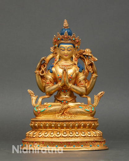 Front view Green Tara statue, premium copper with gold, coral and turquoise, double lotus throne