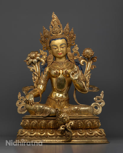 Front view Green Tara statue with double lotus pedestal, gold-painted face, handcrafted Nepalese copper sculpture
