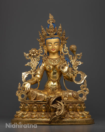 Front view Green Tara statue with double lotus throne, gold-painted face, Nepalese Buddhist art