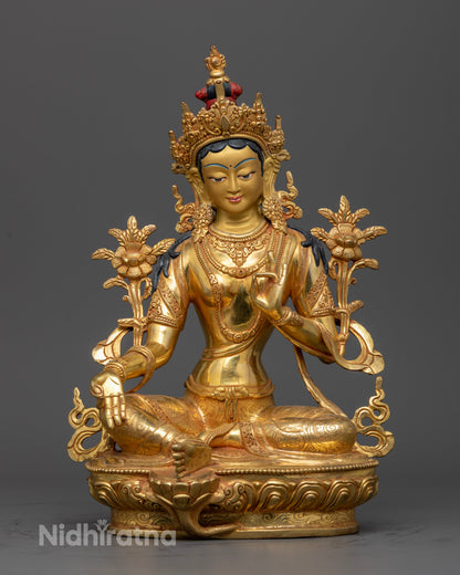Front view Green Tara statue with lotus pedestal, gold-painted face, handcrafted Nepalese copper sculpture