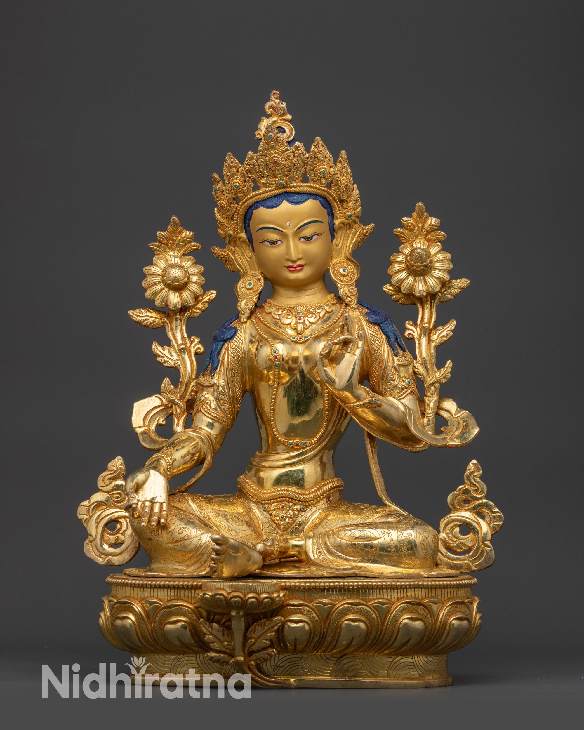 Front view Green Tara statue with lotus seat and gold fire-gilded base
