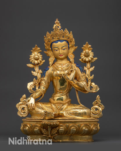 Front view Green Tara statue with lotus seat and gold fire-gilded base
