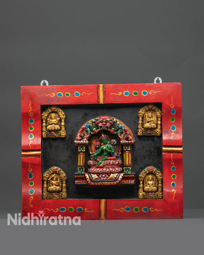 Front view Green Tara wooden frame with five deities carved and painted