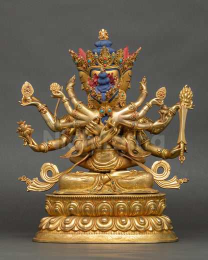 Front view Guhyasamaja statue 25K gold-gilded Nepalese tantric Buddhist deity sculpture