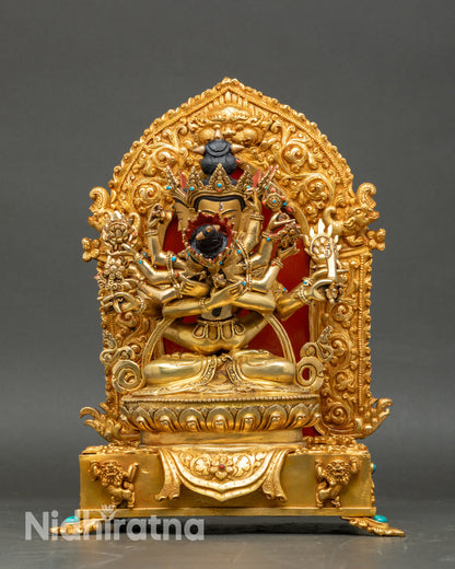 Front view Guhyasamaja with consort gold gilded copper lotus throne statue