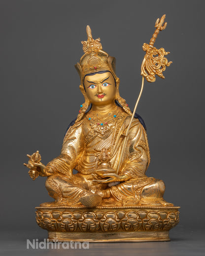 Front view Guru Padmasambhava statue, gold lotus base, wrathful, compassionate face