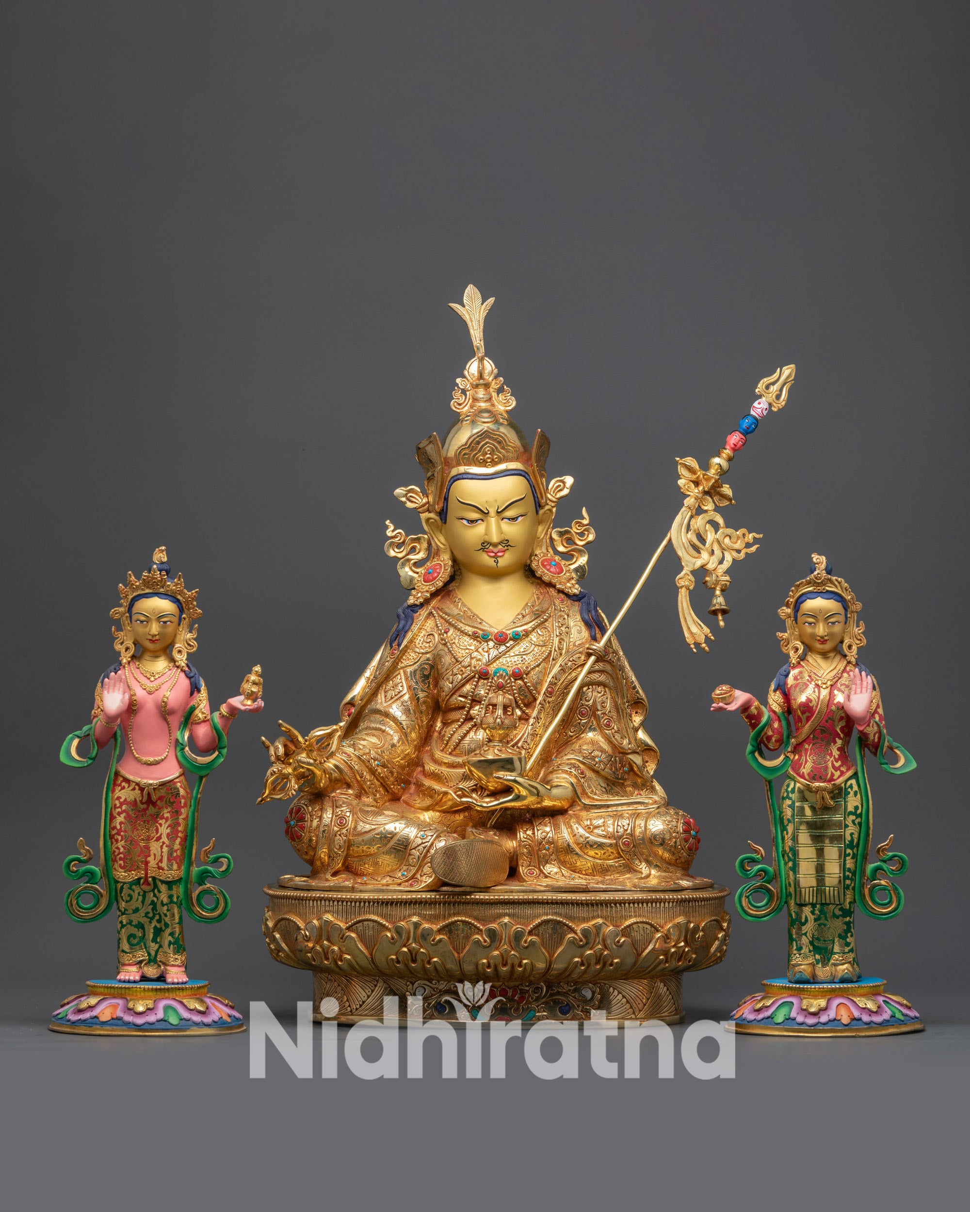 Front view Guru Padmasambhava with Consorts Statue Set handmade in Nepal