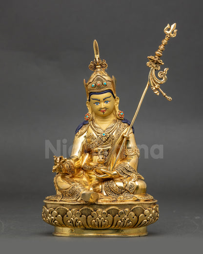 Front view Guru Rinpoche Padmasambhava statue handcrafted in Nepal with 24K gold gilding