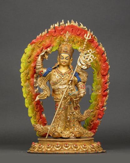 Front view Guru Rinpoche Padmasambhava statue standing, 24K gold copper Vajrayana art