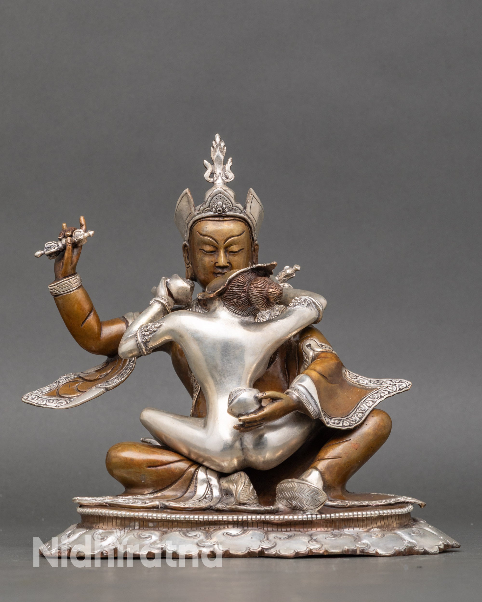 Front view Guru Rinpoche and consort Yab Yum oxidized silver-plated statue