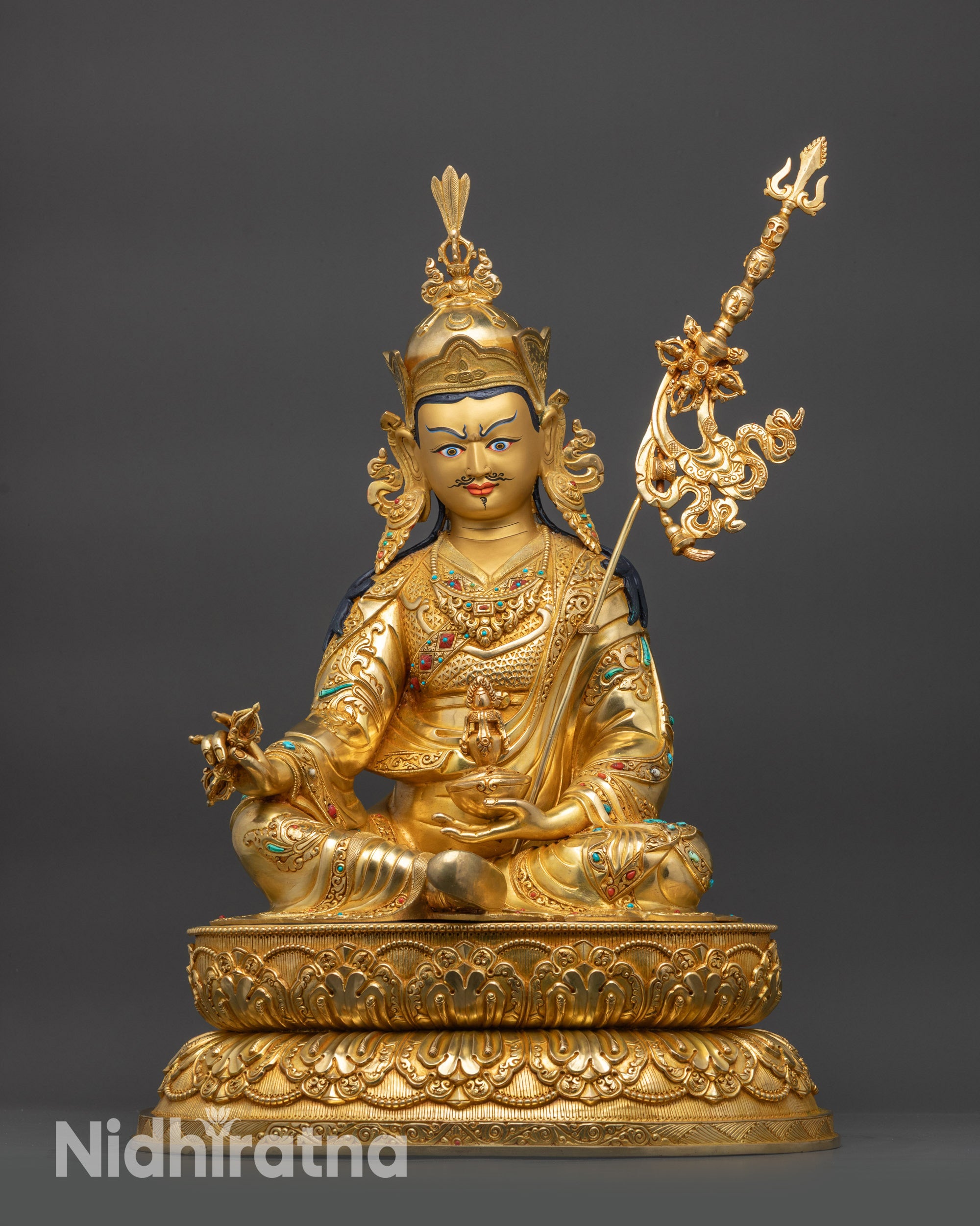 Front view Guru Rinpoche statue Tibetan Padmasambhava Nepalese artisan sculpture