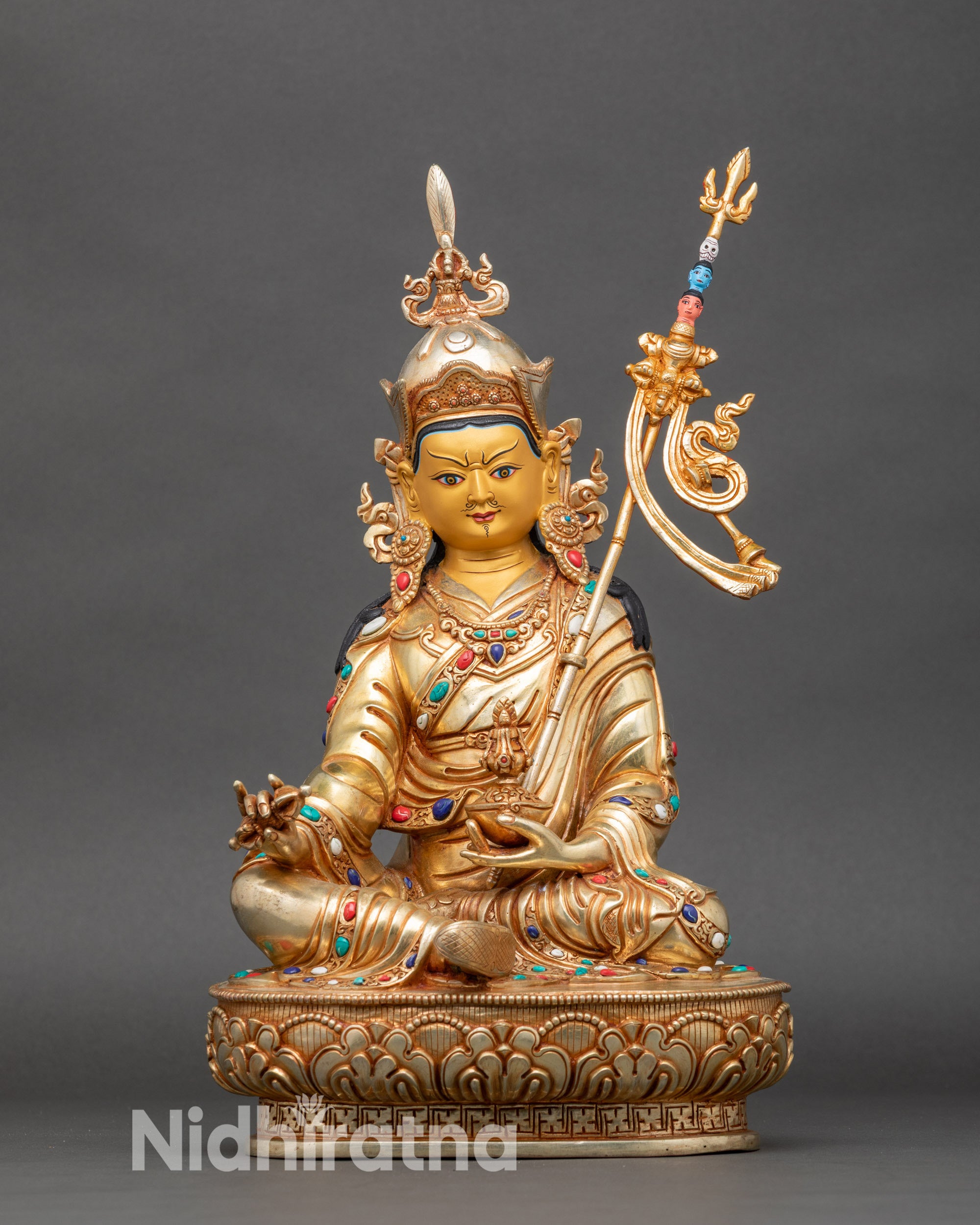 Front view: Guru Rinpoche statue front view, handcrafted copper with 24K gold fire-gilding