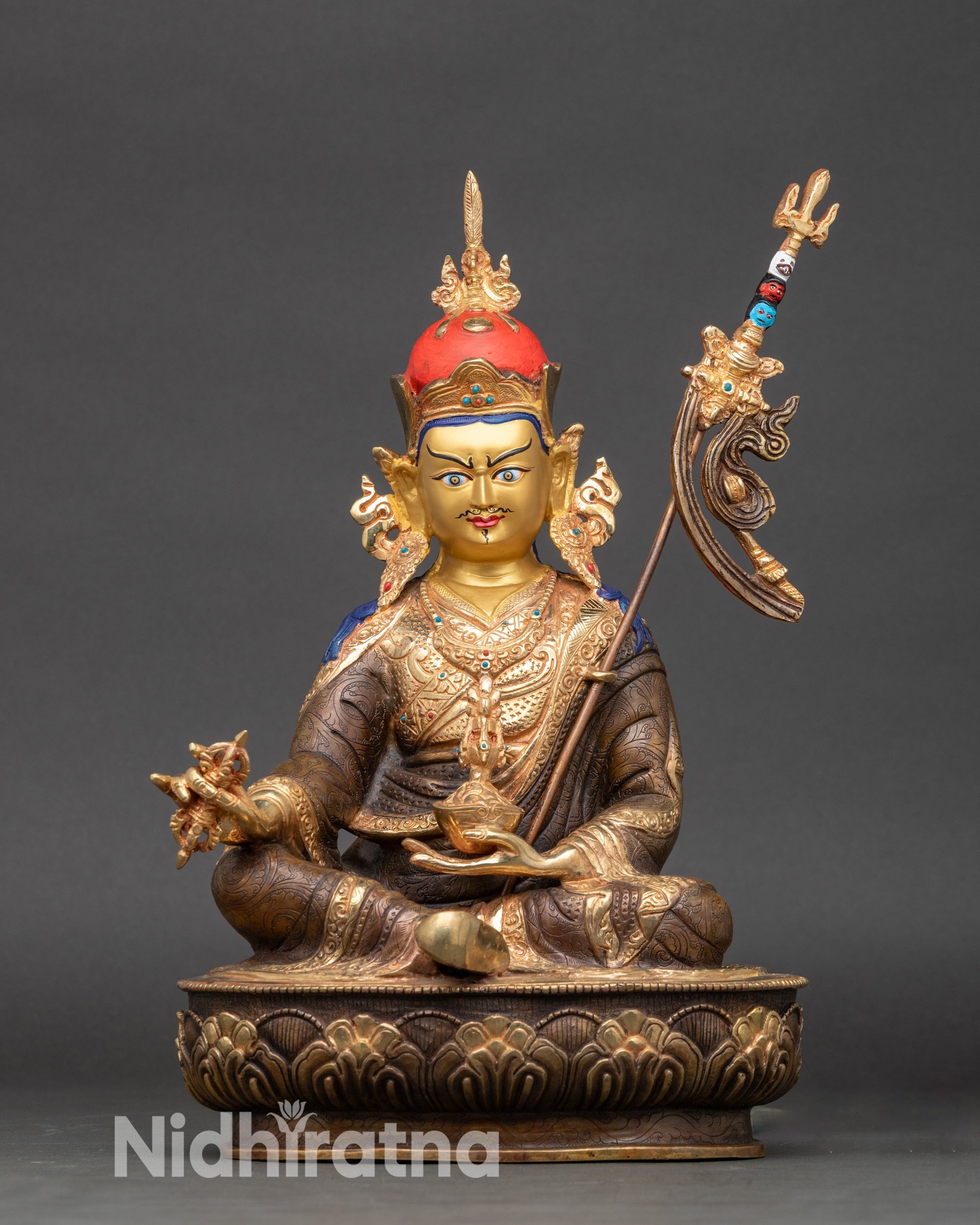 Front view Guru Rinpoche statue | gold and hand-painted copper | Nepalese craftsmanship