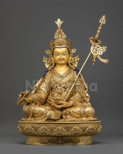 Front view Guru Rinpoche statue on lotus seat with gold fire-gilded base
