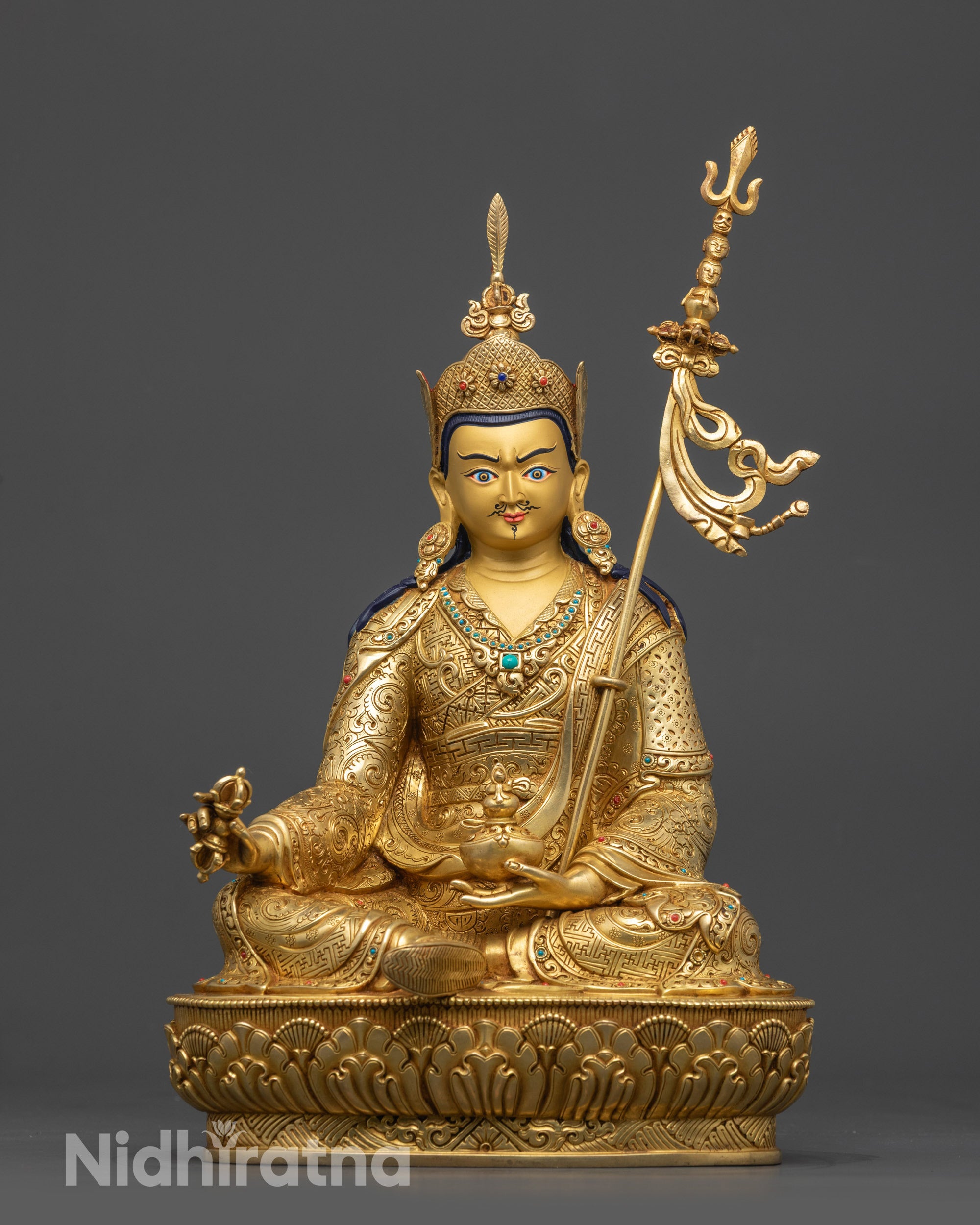 Front view Guru Rinpoche statue with 24K gold gilding and lotus seat