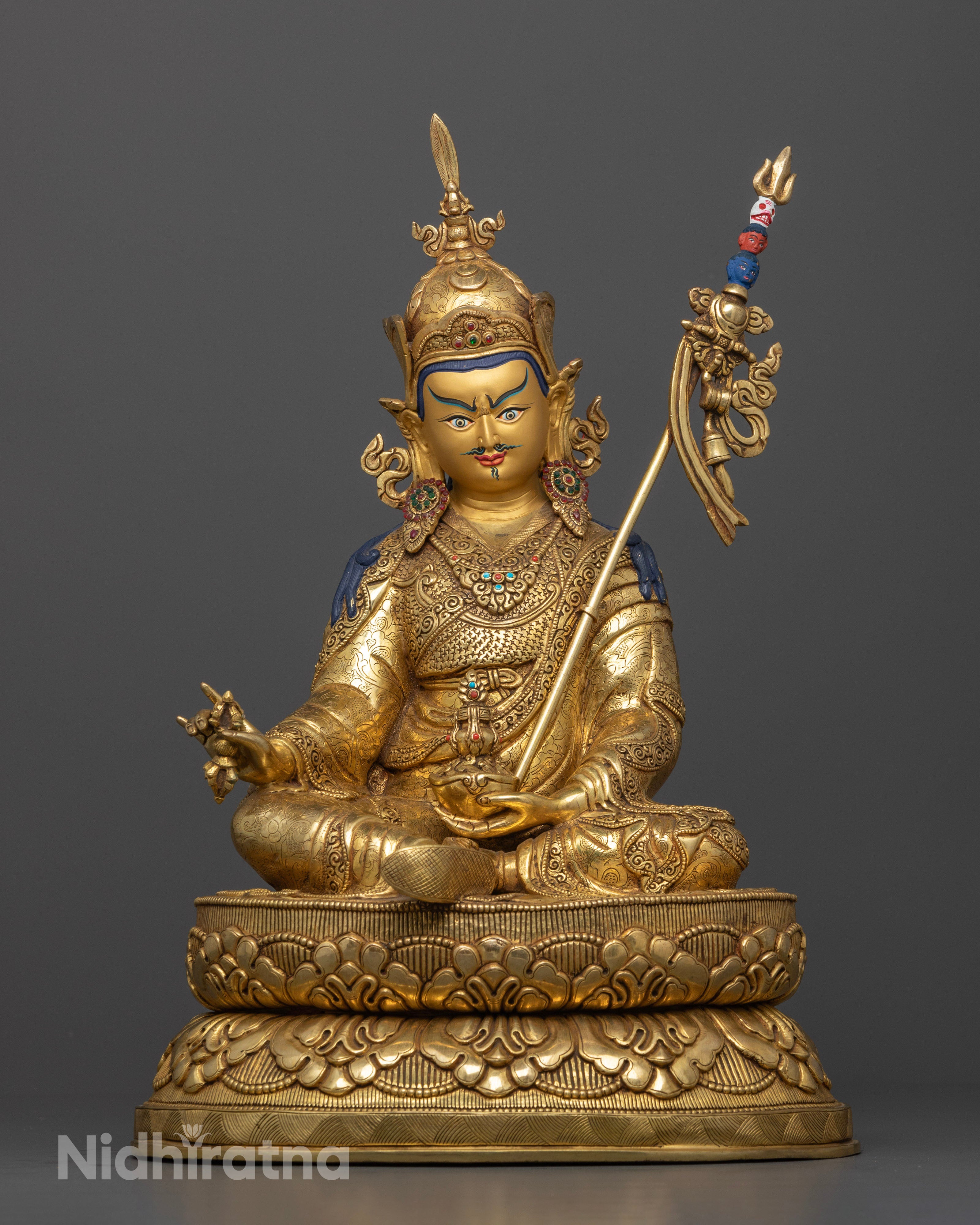 Front view Guru Rinpoche statue with double lotus pedestal, gold-painted face, handcrafted Nepalese copper sculpture